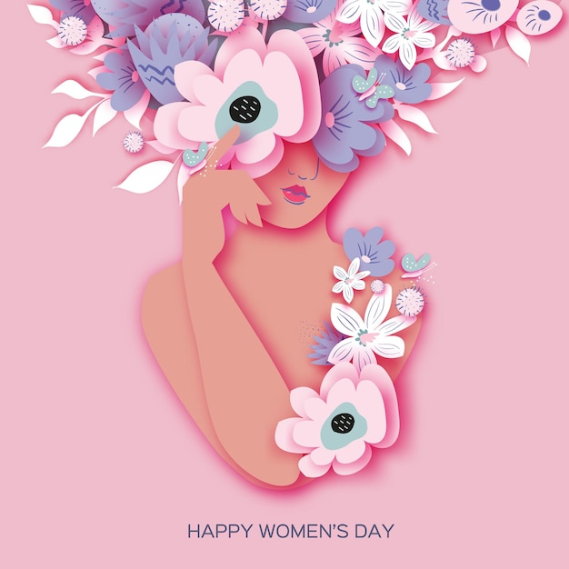 Beautiful female face. Floral vase woman. Flower bouquet. Happy Women's day. Happy Mother's Day. Venera, Venus female concept paper cut style. Bodypositive. 8 March. Pink. White. Very peri. Vector