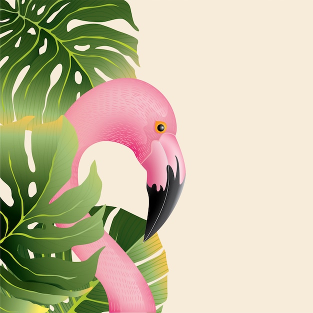 Beautiful Flamingo with Tropical Leafs Background for Summer