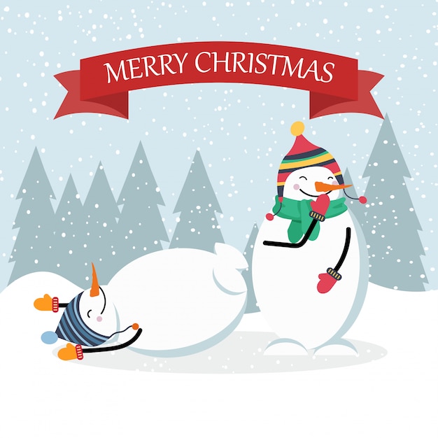 Beautiful flat design Christmas card funny snowman