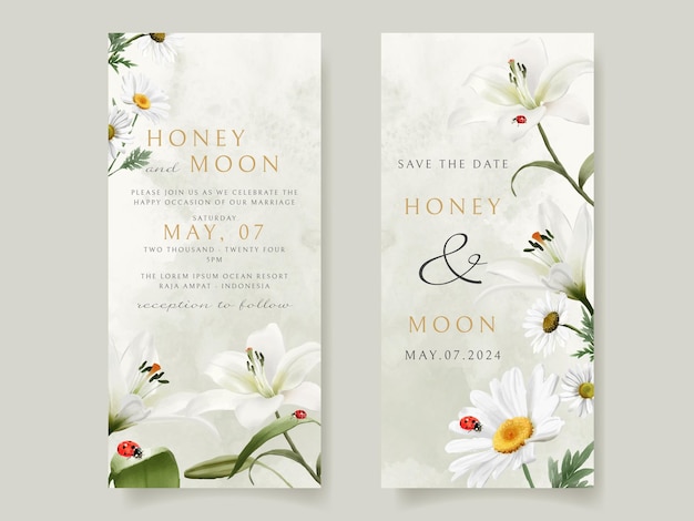 Beautiful floral and ladybugs wedding invitation card