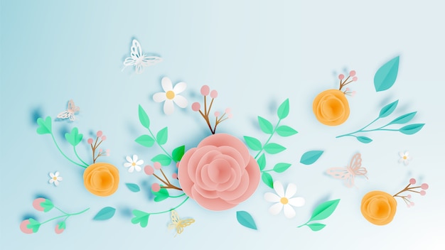 Vector beautiful floral paper art with butterfly vector illustation