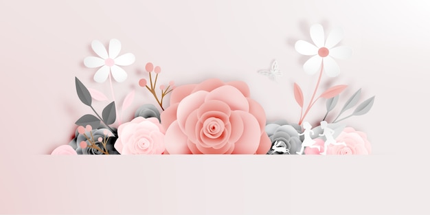 Beautiful floral paper art with butterfly vector illustation