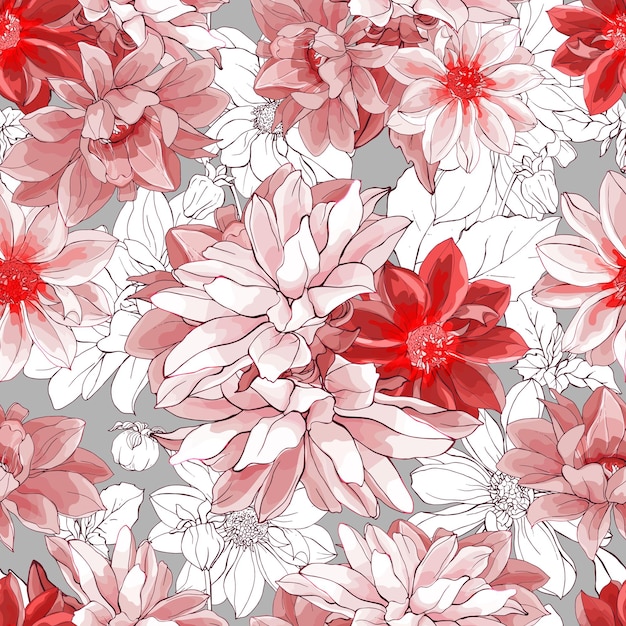 Beautiful Floral Seamless Pattern with Flowers Dahlias on Gray Background.