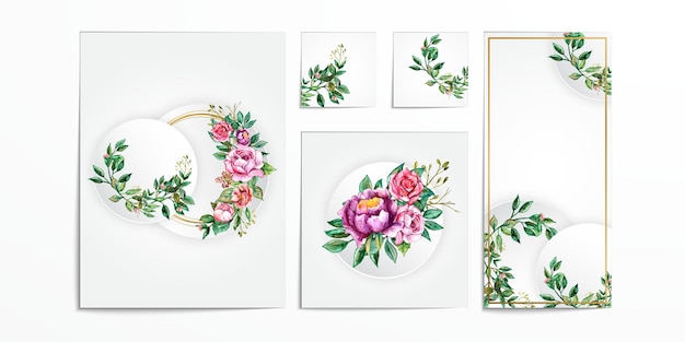 Beautiful floral wedding card watercolor background invitation template set