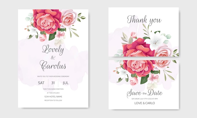 Beautiful Floral Wedding Invitation with Blooming Roses and Green Leaves