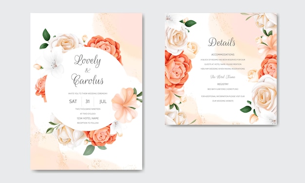 Beautiful Floral Wedding Invitation with Blooming Roses and Green Leaves