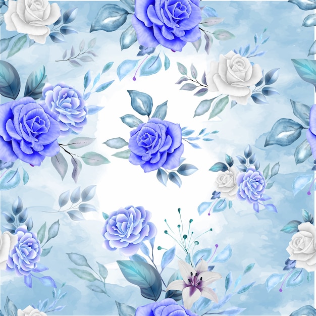 Beautiful flower and leaves seamless pattern in classic blue