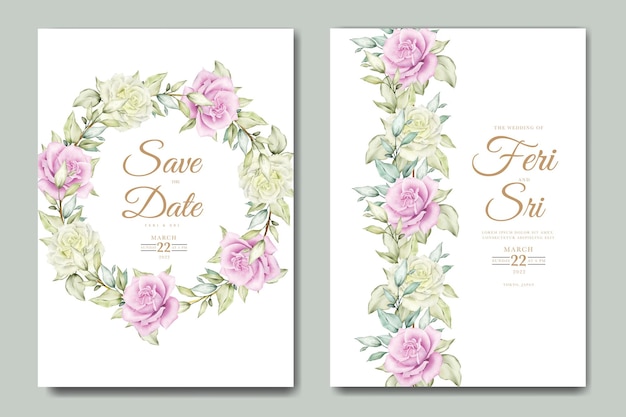 beautiful flower and leaves watercolor wedding invitation card template