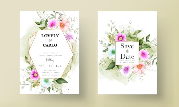 beautiful flower and leaves watercolor wedding invitation card