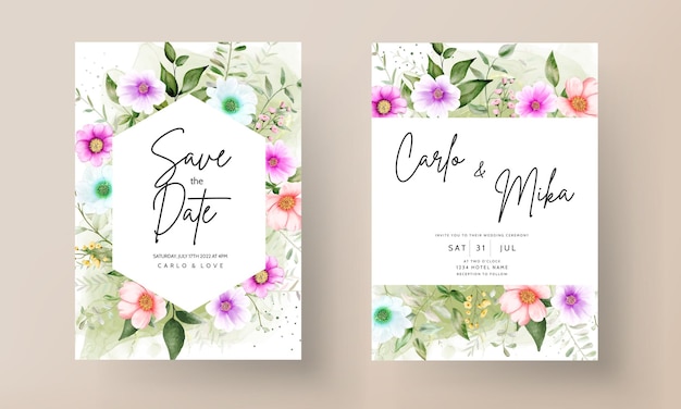 beautiful flower and leaves watercolor wedding invitation card