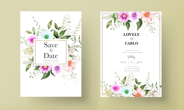 beautiful flower and leaves watercolor wedding invitation card