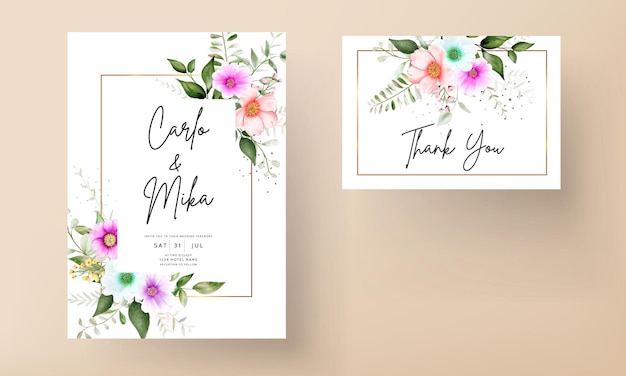 beautiful flower and leaves watercolor wedding invitation card