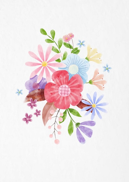 Beautiful flowers in drawing and watercolors style on white background