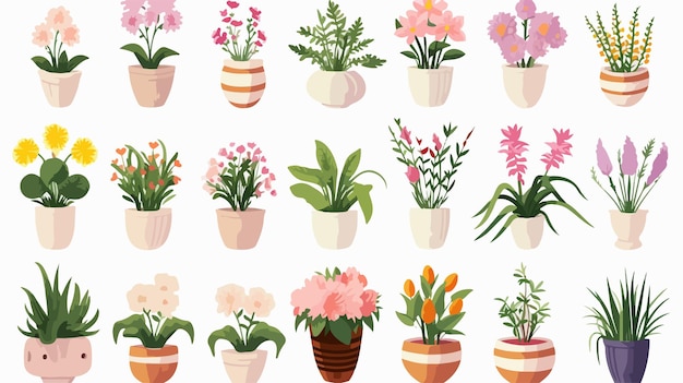 Vector beautiful flowers floral arrangement and foliage plants in decorative pots and vases