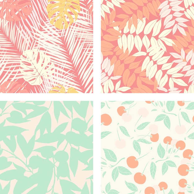 Beautiful flowers and summer fruites seamless pattern background set Tropical nature wrapping paper