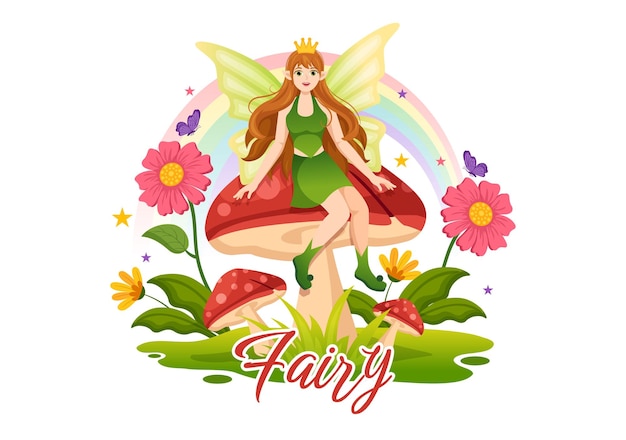 Beautiful Flying Fairy Illustration with Elf and Green Grass in Flat Cartoon Hand Drawn Templates