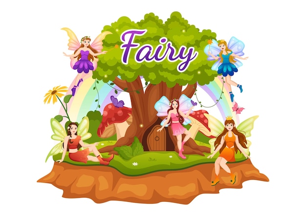 Vector beautiful flying fairy illustration with elf and green grass in flat cartoon hand drawn templates