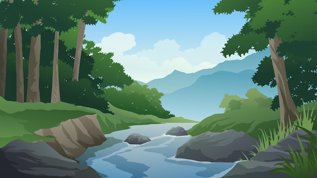 Beautiful forest with stream and mountain