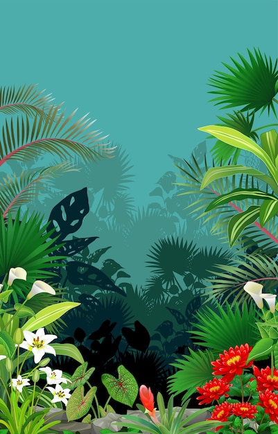 Vector beautiful forest with tropical plant and flowers background