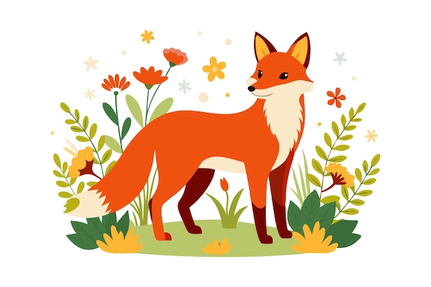 Beautiful fox illustration with floral background in a modern cartoon style