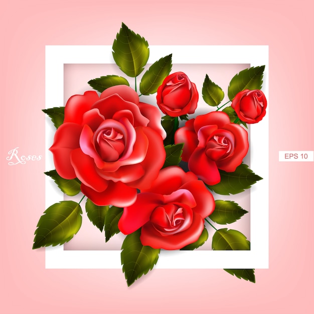 beautiful frame with red roses and leaves. Floral arrangement