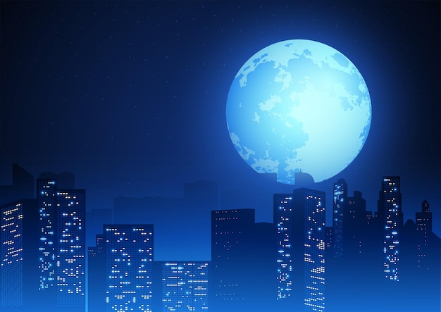 Beautiful full moon on cityscape, urban landscape vector illustration