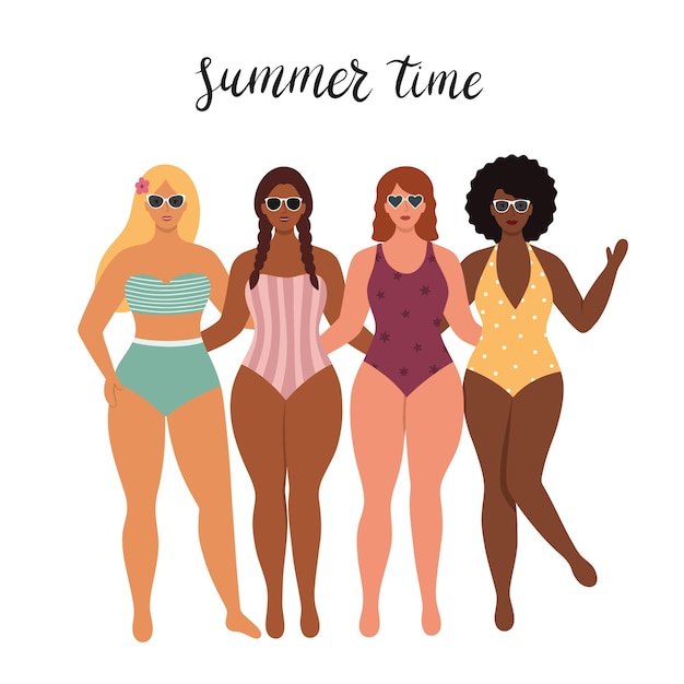 Beautiful funny girls in swimsuits Summer postcard with women in glasses