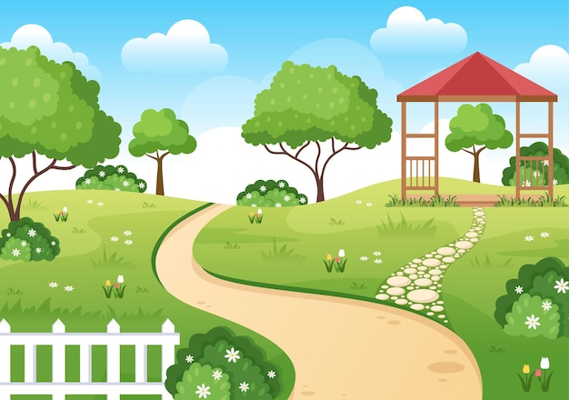 Beautiful Garden Cartoon Background Illustration With A Landscape Nature Of Plant and Green Grass