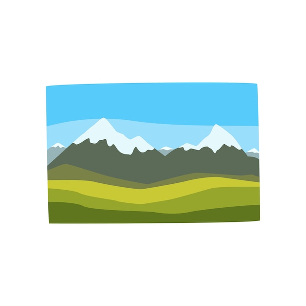 Beautiful Georgian landscape with snowy mountain peaks green hills and blue sky Cartoon nature scene Travel to Georgia Flat vector icon