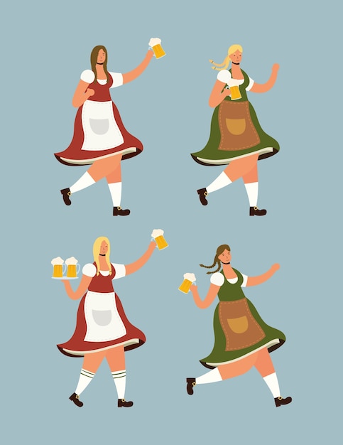 Beautiful german women drinking beers characters vector illustration design