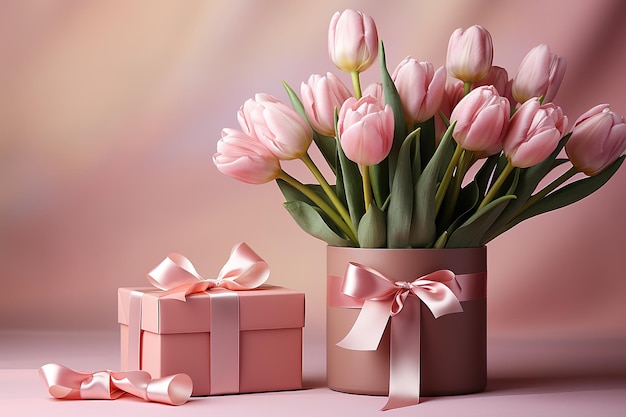 Vector beautiful gift box and bouquet of pink tulip flowers on white background closeup