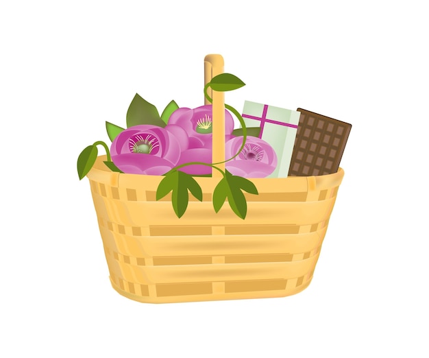 Beautiful gift wicker basket with flowers gifts and chocolate