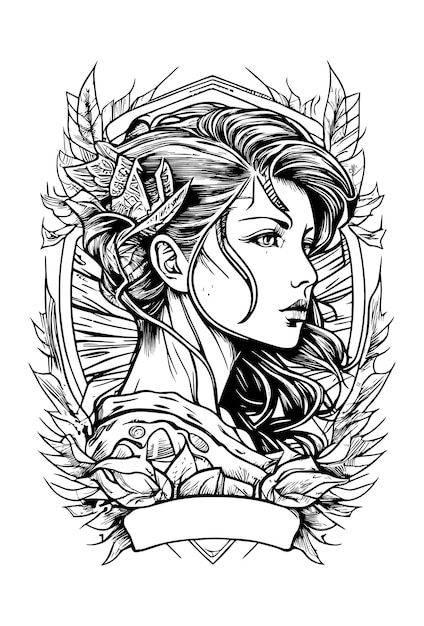 Beautiful girl angel black and white hand drawn illustration