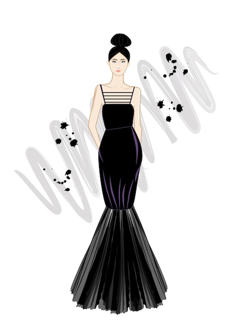 Beautiful girl on elegance black dress fashion illustration