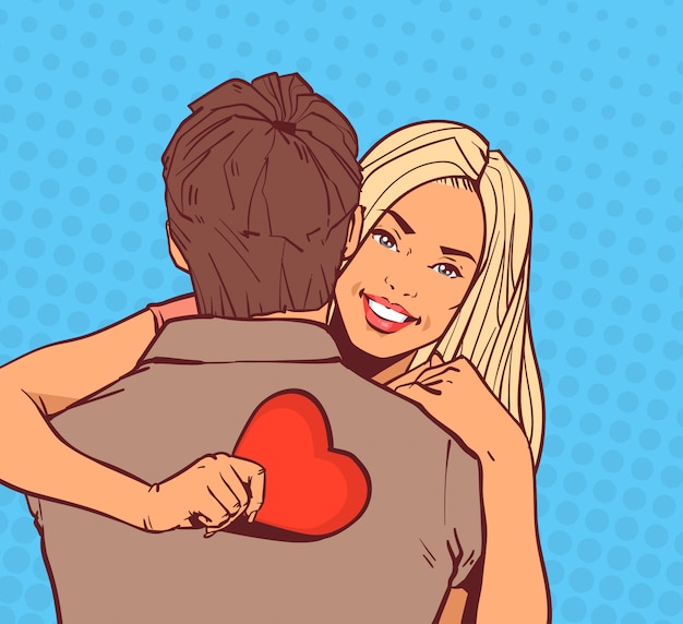 Beautiful Girl Embrace Man Holding Red Heart Happy Smiling Over Comic Pop Art Valentines Day Holiday Concept