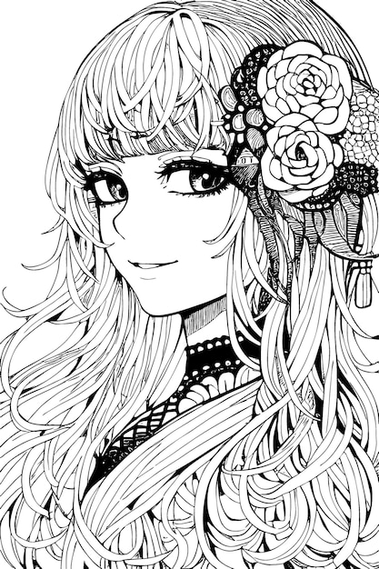 A beautiful girl featuring decorations and costumes doodle coloring book Vector illustration