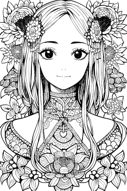 A beautiful girl featuring decorations and costumes doodle coloring book Vector illustration