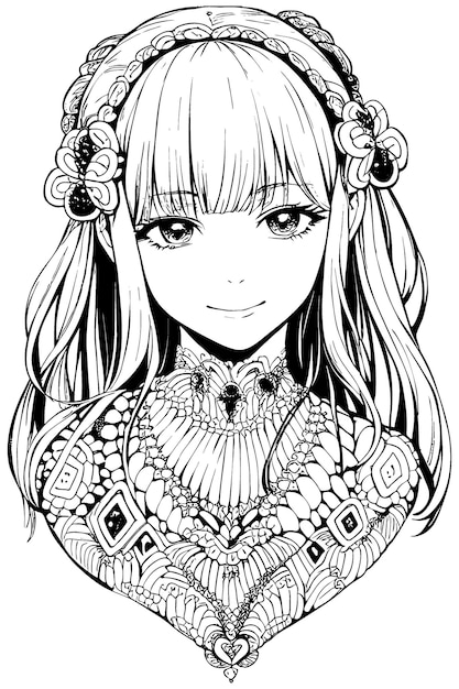 A beautiful girl featuring decorations and costumes doodle coloring book Vector illustration