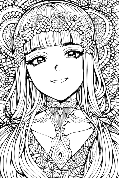 A beautiful girl featuring decorations and costumes doodle coloring book Vector illustration