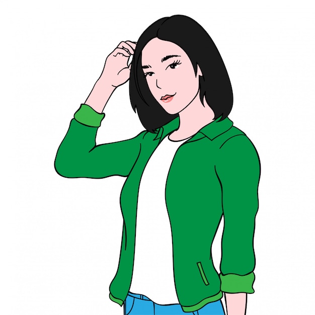 Beautiful Girl in Green Jacket, Flat Illustration