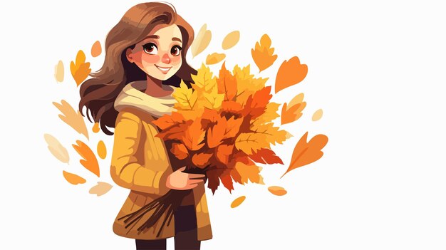 Vector beautiful girl holding autumn leaves bouquet clipart isolated on white background