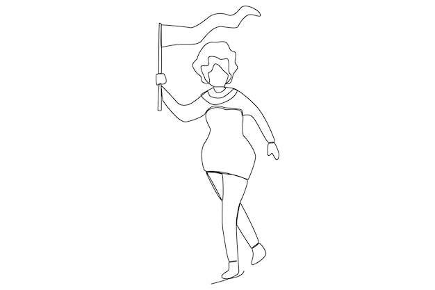 Beautiful girl holding a flag in carnival party one line art