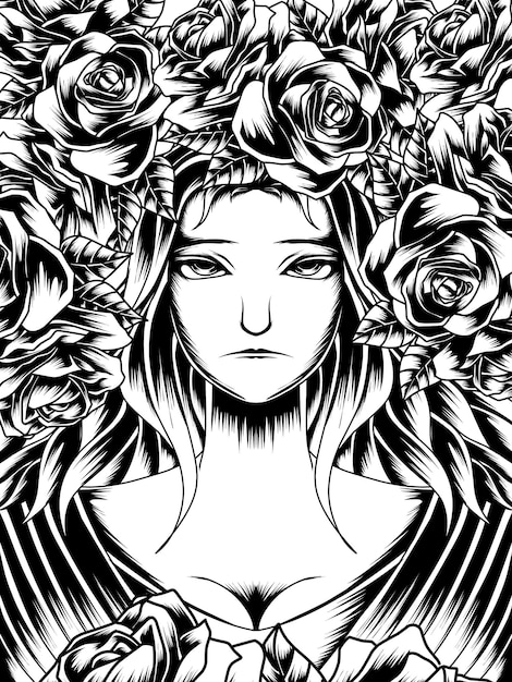 beautiful girl illustration full of roses line art