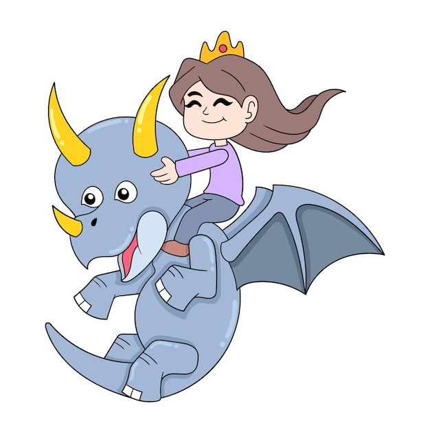 Beautiful girl princess is wearing a crown in the arms of a flying rhino doodle icon image kawaii