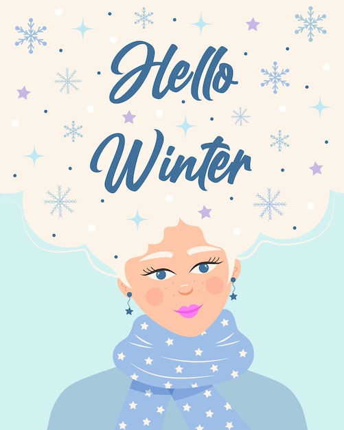 Beautiful girl in a scarf with snowflakes stars and snow in her hair Hello winter quote