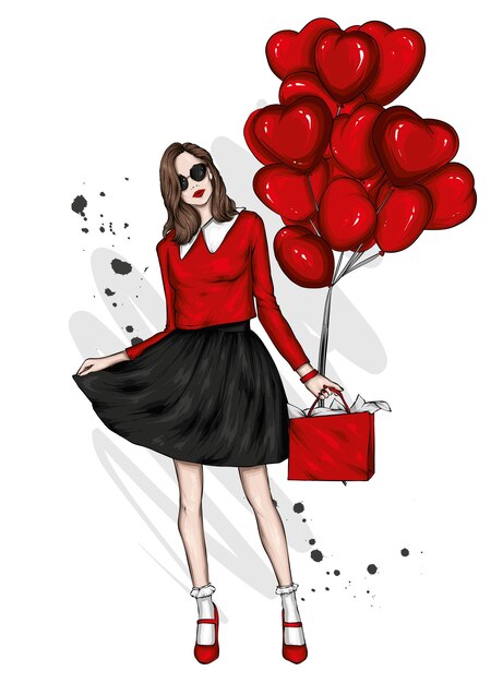 Vector beautiful girl in stylish clothes and balloons in the form of hearts valentines day and love