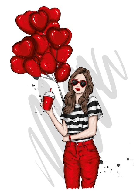 Vector beautiful girl in stylish clothes and balloons in the form of hearts valentines day and love