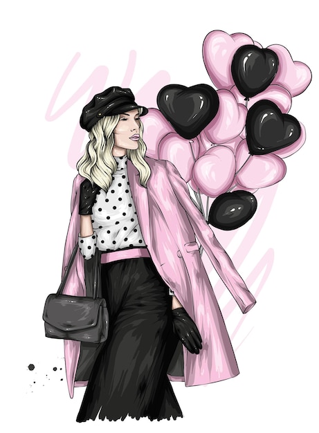 Beautiful girl in stylish clothes and balloons in the shape of hearts Valentines Day