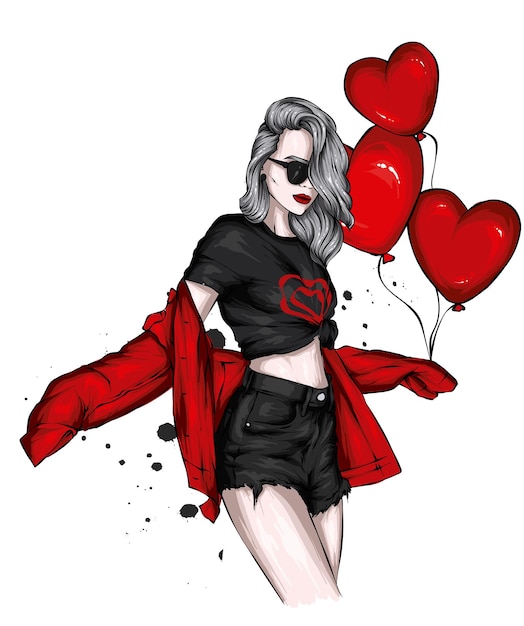 Beautiful girl in stylish clothes and balloonshearts Love and valentines day Fashion and style