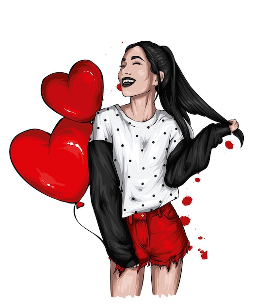 Vector beautiful girl in stylish clothes and balloonshearts love and valentines day fashion and style